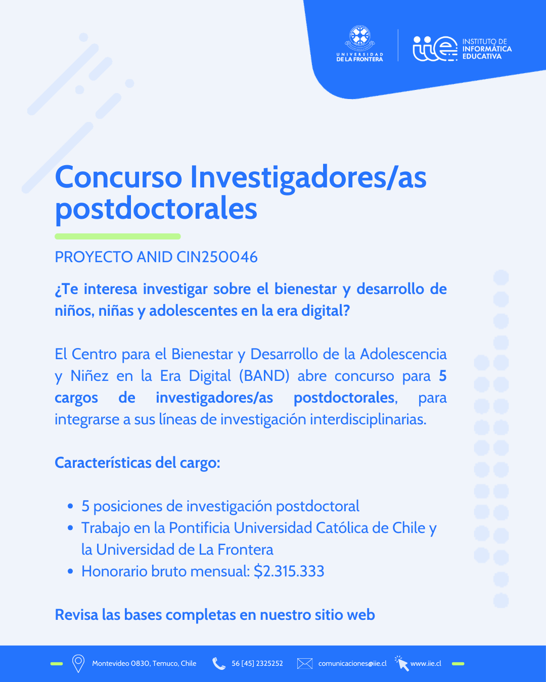 Centro BAND abre convocatoria para investigadores/as postdoctorales e investigadores/as jóvenes